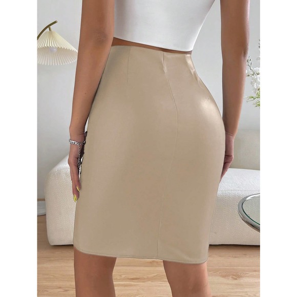 minimalist High Waist Split Hem vegan leather Leather Bodycon Skirt black - Picture 3 of 8